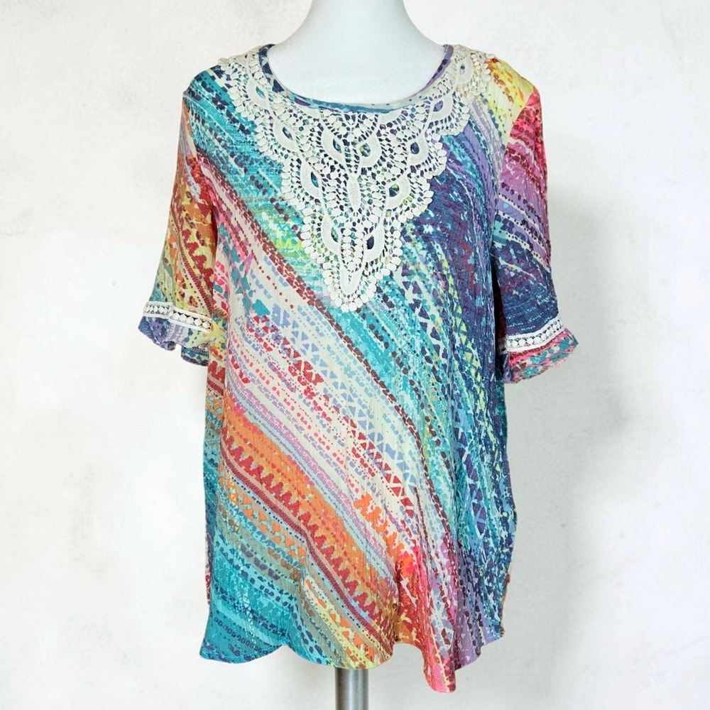 Spense Womens Multicolor Rainbow Stripe Crochet Lace Boho Top Large Festival